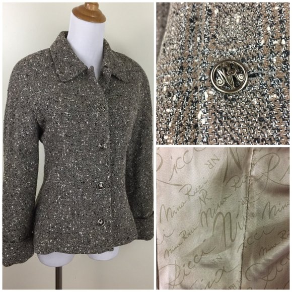NINA RICCI Edition Paris France Black Brown Cream Speckled Tweed/Boucle Jacket - Picture 1 of 10